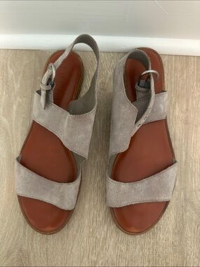 1. State Taupe Suede Asymmetric Strap Slingback Sandals